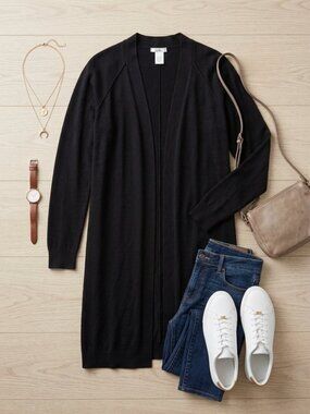 Isela | Black Full Length Cardigan Long Open Front Duster Sweater | Size M